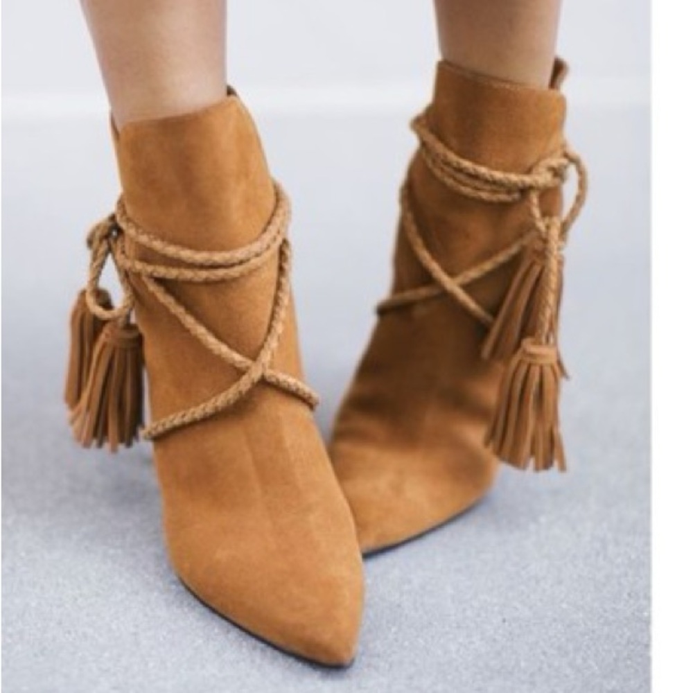 SCHUTZ Camel Leather Suede Ankle Heeled Pointy Toe Boots with Tassel Sz 5.5